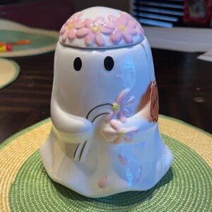 Floral Ghost Halloween Ceramic cookie Jar - White and Pink